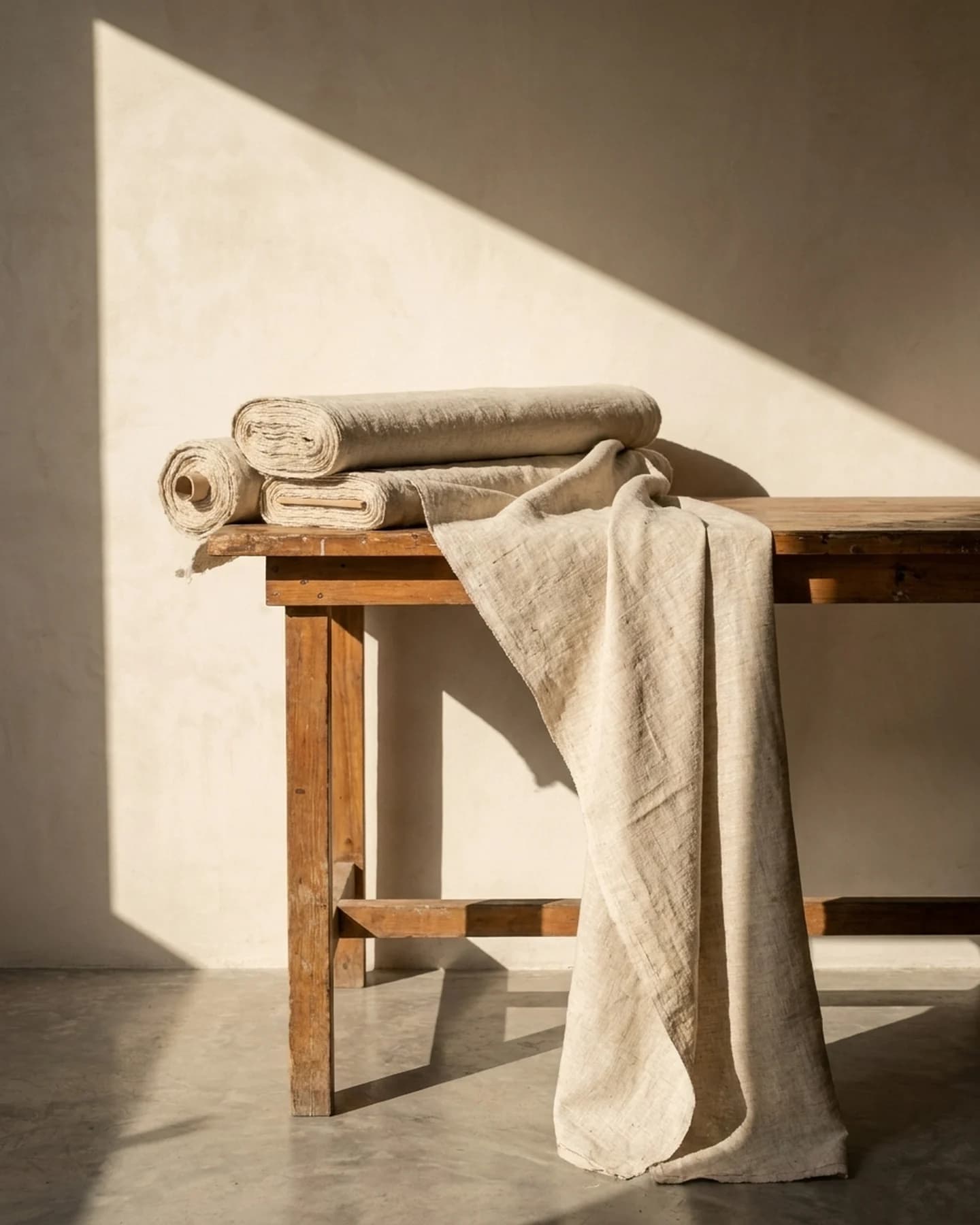 Rollos de lino crudo sin teñir sobre una mesa de madera, con el sol entrando de lado