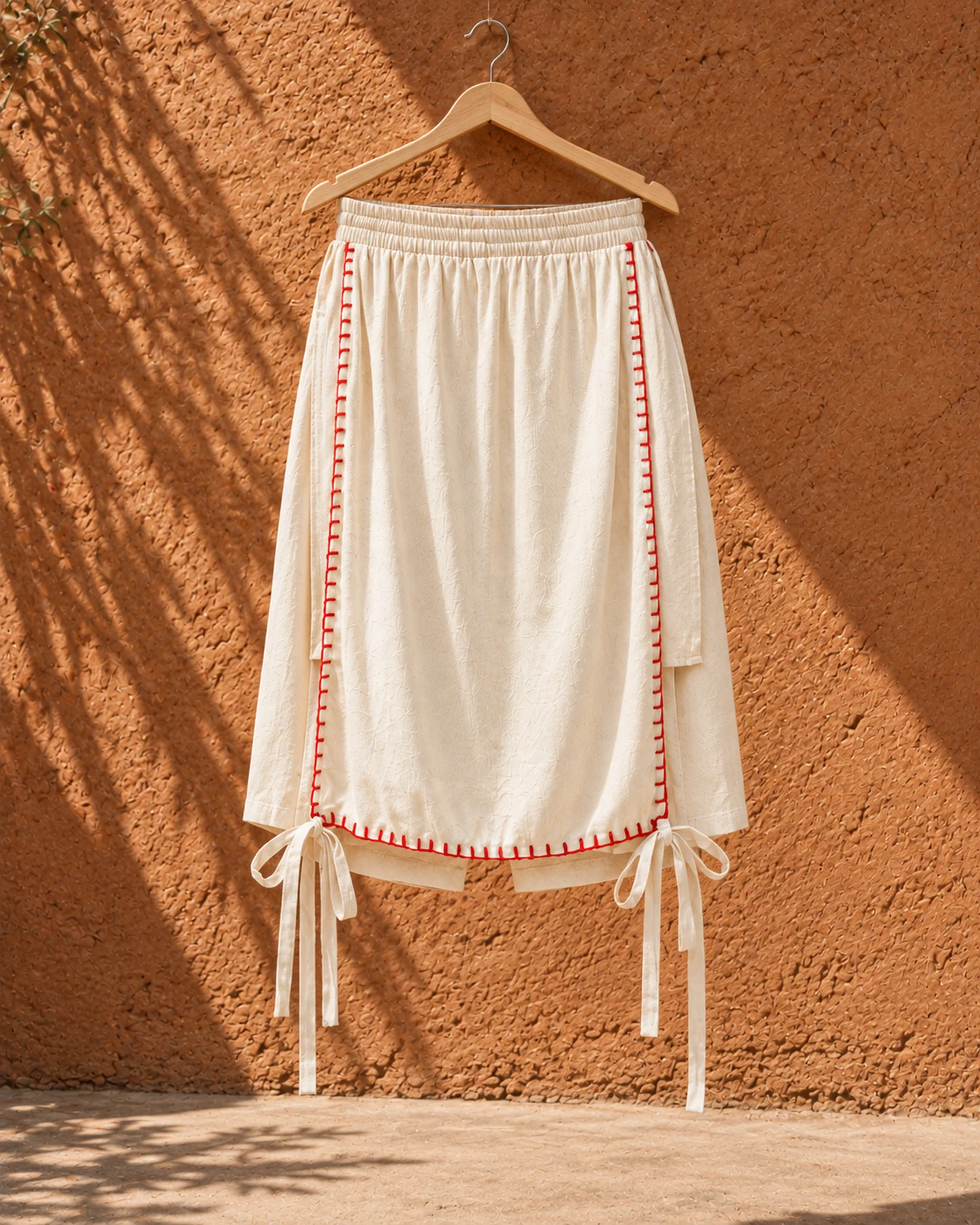 Pantalón Ibiza Corto en crudo con bordado rojo, de frente, sola